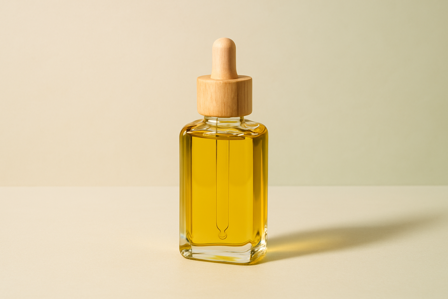 A clean, minimal background with soft natural tones (beige, off-white, or light green). In the center, place a premium glass bottle of oil (golden liquid visible inside) with a natural wooden cap or dropper. The bottle should look modern and organic, with a subtle reflection or shadow for depth.